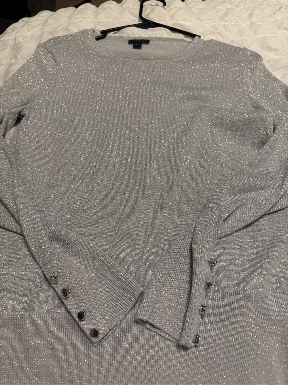 Ann Taylor Factory Silver Sparkle Crewneck Sweater with Button Cuffs